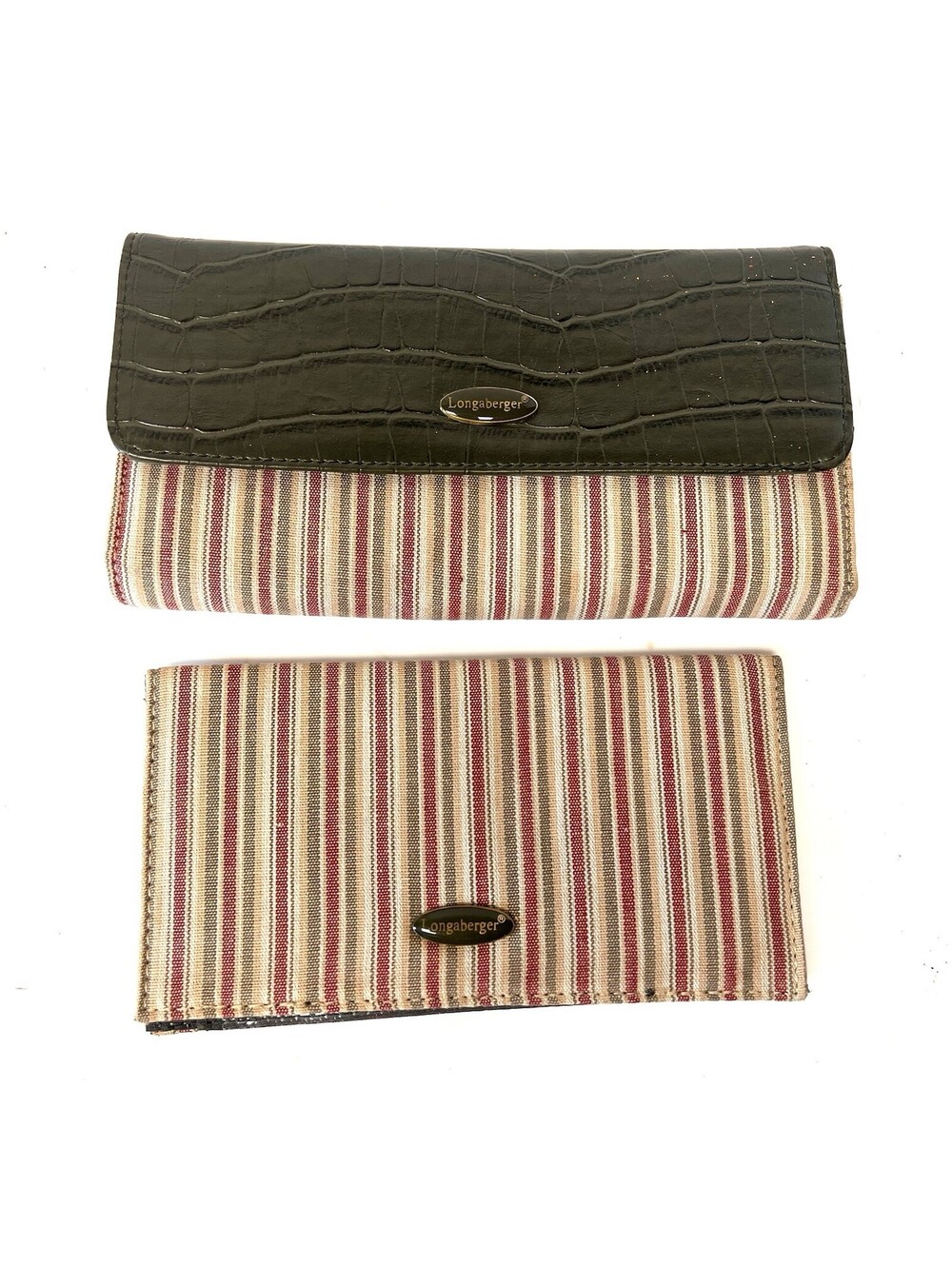 Longaberger Homestead Trifold Wallet Green Red Striped Cloth w/ Checkbook Insert